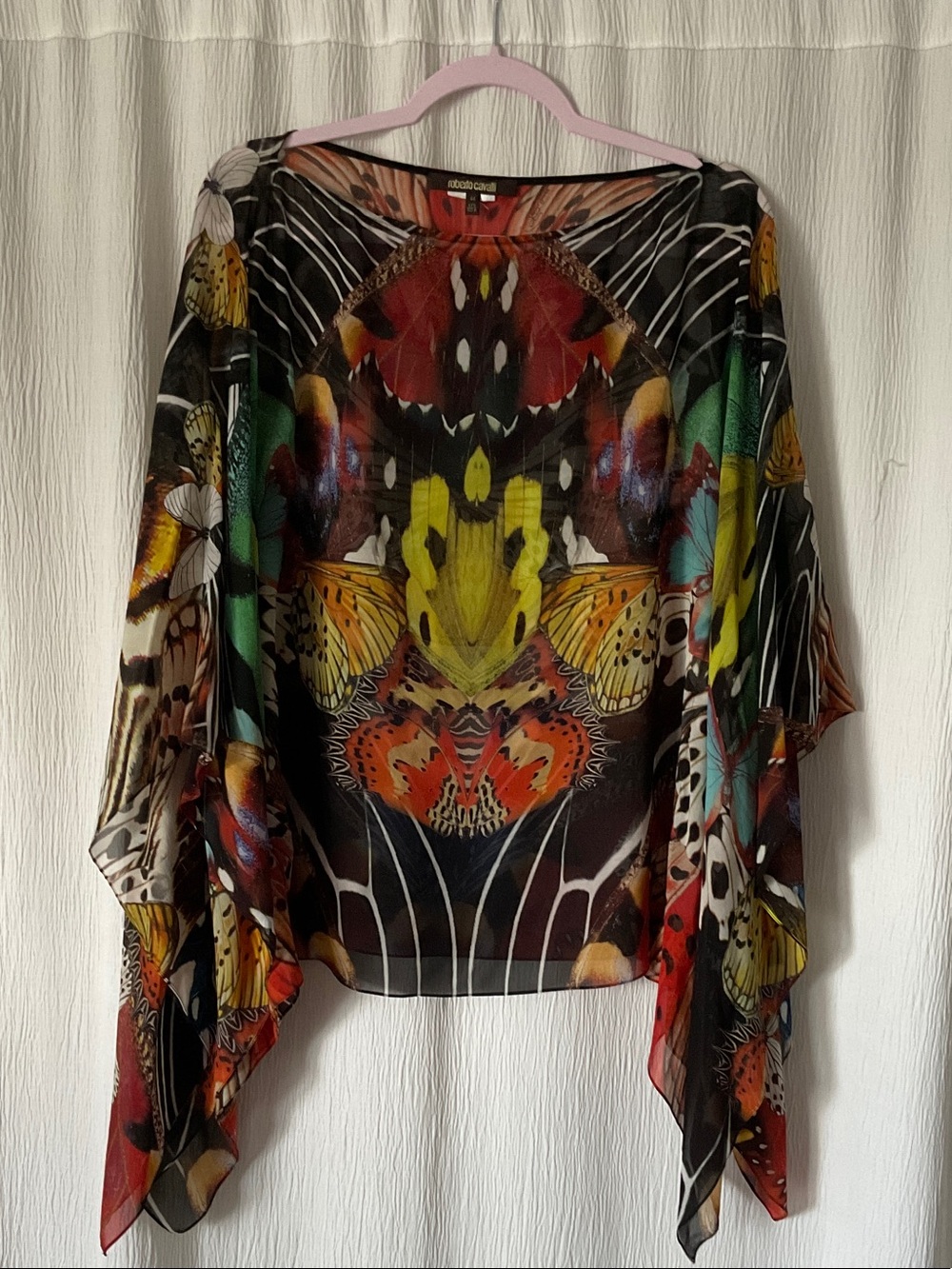 Roberto Cavalli Black Multicolor Butterfly-Print Sheer Tunic Top
